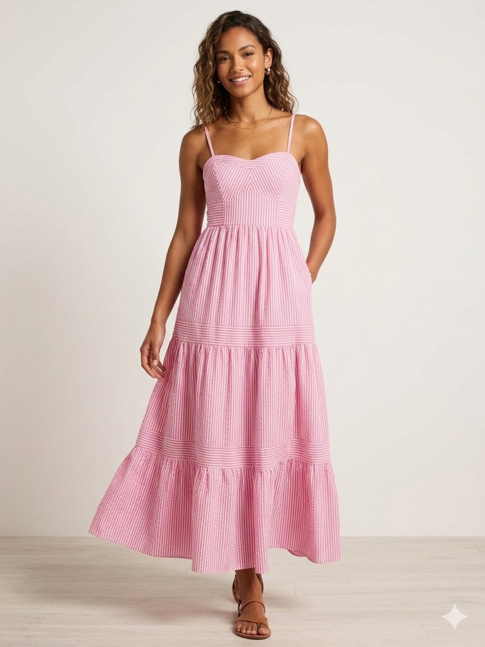 Abercrombie & Fitch Pink Seersucker Tiered Midi Maxi Dress XS